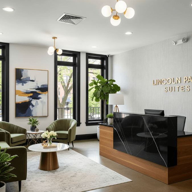 Boutique office suite in Lincoln Park Chicago with stylish reception area, branded design, and lounge seating Boutique office suite in Lincoln Park Chicago with stylish reception area, branded design, and lounge seating