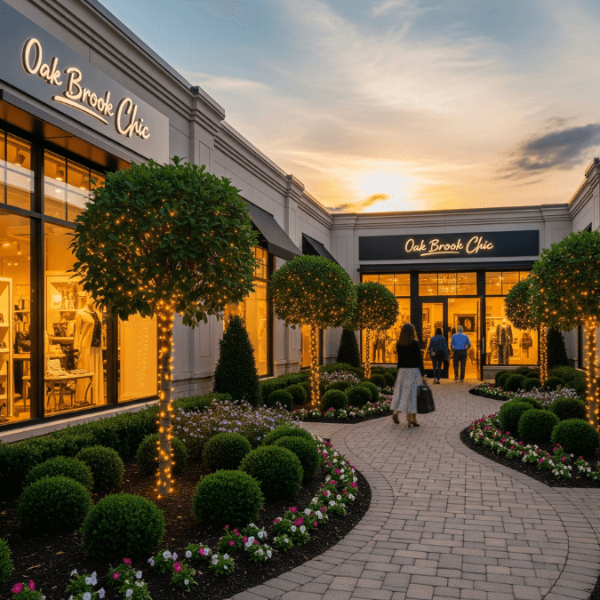 Boutique retail store in Oak Brook IL at sunset with stylish storefront and landscaped walkway Boutique retail store in Oak Brook IL at sunset with stylish storefront and landscaped walkway