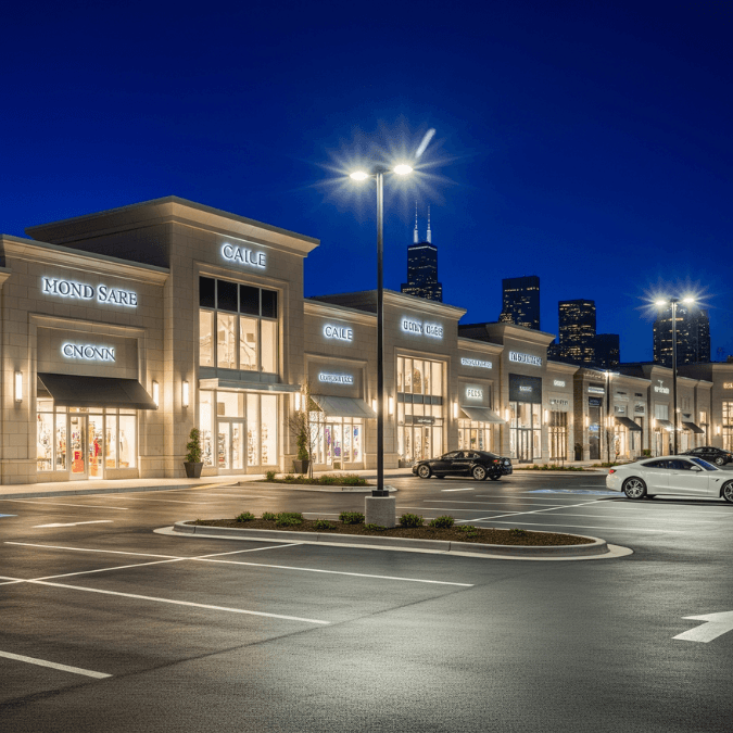 Chicago shopping plaza at night with illuminated storefronts, clean parking lot, and modern retail shops Chicago shopping plaza at night with illuminated storefronts, clean parking lot, and modern retail shops
