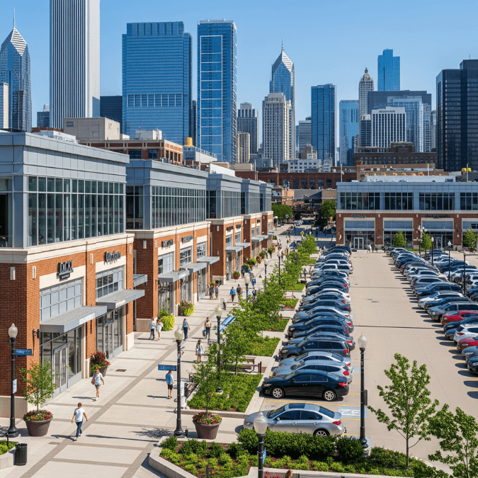 Chicago shopping plaza builders completed modern urban plaza with glass storefronts and parking Chicago shopping plaza builders completed modern urban plaza with glass storefronts and parking