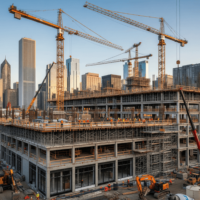 Commercial construction site in Chicago showing cranes, scaffolding, and workers during build Commercial construction site in Chicago showing cranes, scaffolding, and workers during build