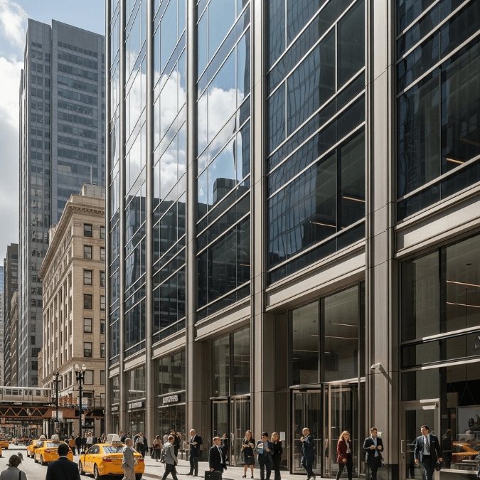 Commercial office building in The Loop Chicago with modern glass façade and employees entering during daytime Commercial office building in The Loop Chicago with modern glass façade and employees entering during daytime