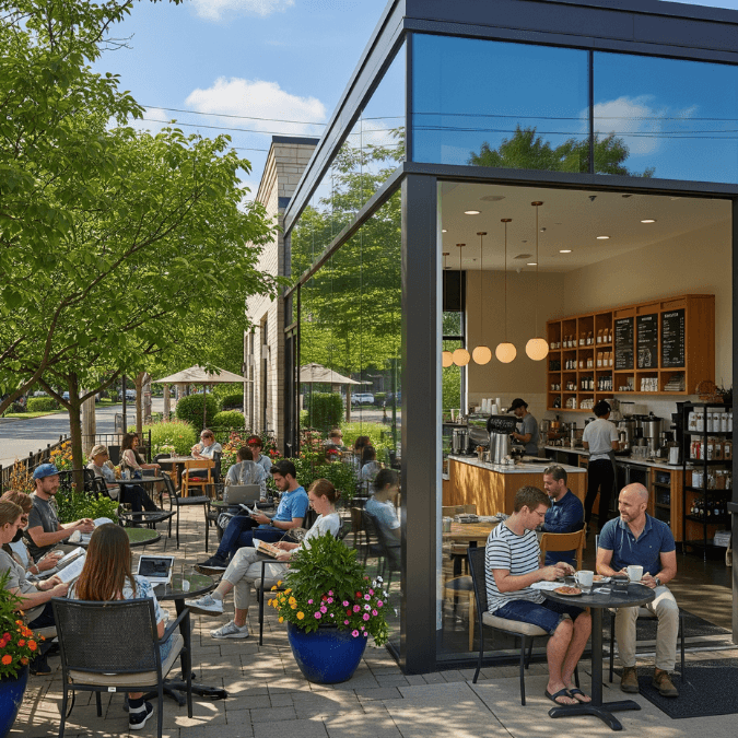 Completed café in Elgin IL with outdoor seating, modern storefront, landscaping, and customers enjoying coffee Completed café in Elgin IL with outdoor seating, modern storefront, landscaping, and customers enjoying coffee