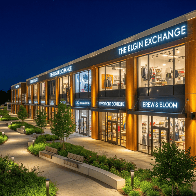 Completed retail renovation in Elgin IL with illuminated storefronts, upgraded finishes, and landscaped walkway at night Completed retail renovation in Elgin IL with illuminated storefronts, upgraded finishes, and landscaped walkway at night