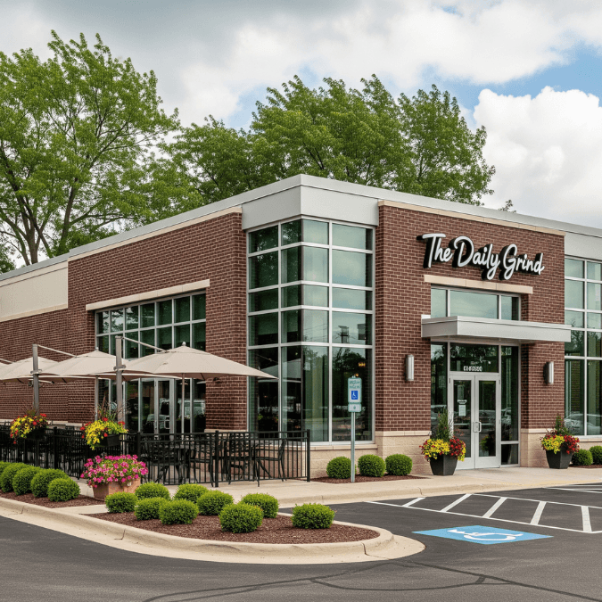 Completed retail strip mall in Naperville featuring multiple storefronts, LED lights, and walkways Completed retail strip mall in Naperville featuring multiple storefronts, LED lights, and walkways