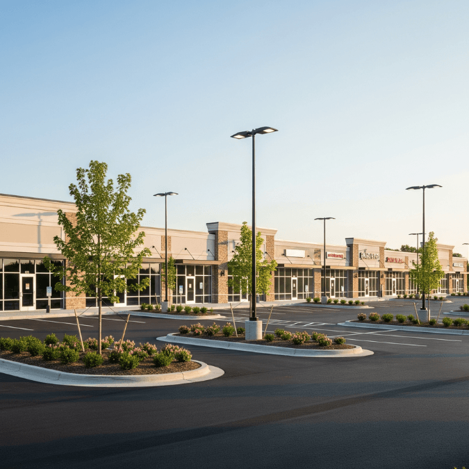 Completed retail strip mall in Orland Park featuring multiple storefronts and LED lighting Completed retail strip mall in Orland Park featuring multiple storefronts and LED lighting
