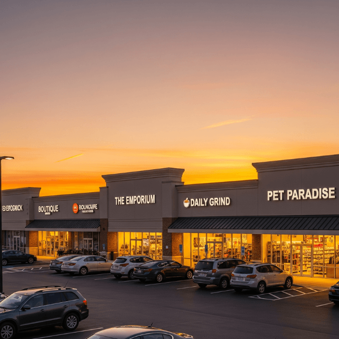 Completed strip mall in Naperville IL at sunset with illuminated storefronts, signage space, and cars parked in front Completed strip mall in Naperville IL at sunset with illuminated storefronts, signage space, and cars parked in front