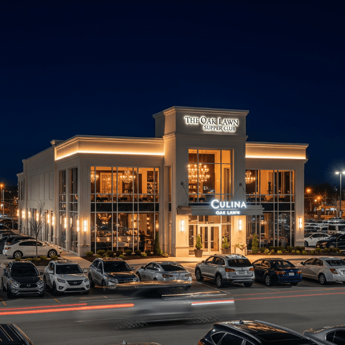 Fine dining restaurant in Oak Lawn IL at night with elegant lighting, large windows, and busy parking lot Fine dining restaurant in Oak Lawn IL at night with elegant lighting, large windows, and busy parking lot