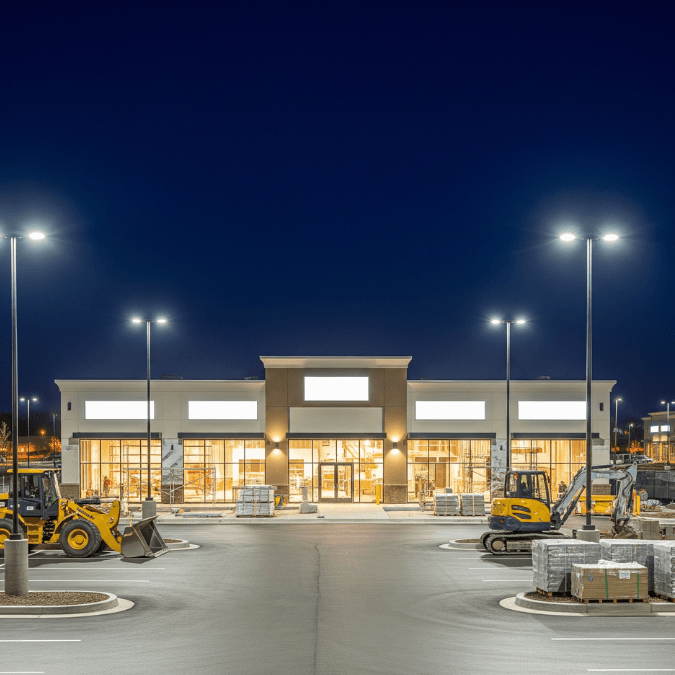 Franchise retail shop construction in Schaumburg IL with illuminated storefronts and parking lot lighting Franchise retail shop construction in Schaumburg IL with illuminated storefronts and parking lot lighting