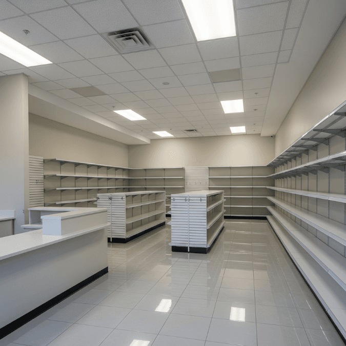 Interior of completed retail shop in Orland Park with bright lighting and tiled flooring Interior of completed retail shop in Orland Park with bright lighting and tiled flooring