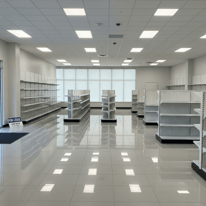 Interior of finished retail shop in Naperville with bright lighting, flooring, and shelving units Interior of finished retail shop in Naperville with bright lighting, flooring, and shelving units