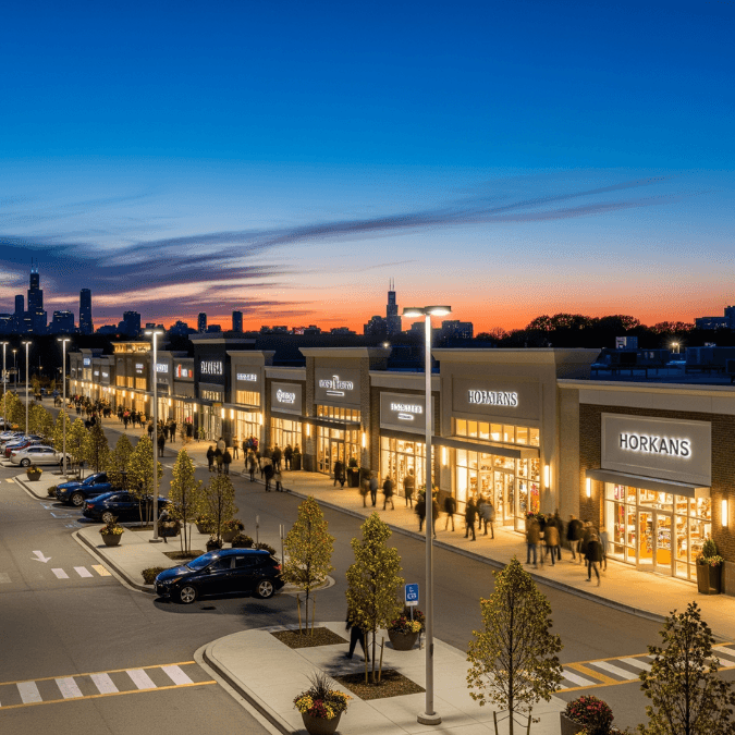 Large plaza at dusk designed by Chicago shopping plaza builders with illuminated storefronts Large plaza at dusk designed by Chicago shopping plaza builders with illuminated storefronts