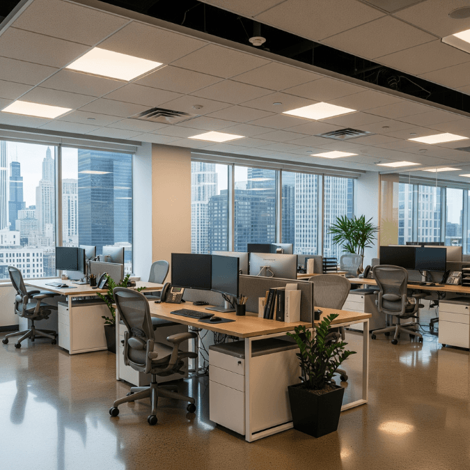 Modern office interior designed by Chicago commercial construction contractors featuring workstations and lighting Modern office interior designed by Chicago commercial construction contractors featuring workstations and lighting