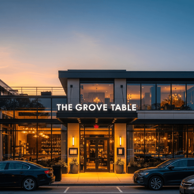 Modern restaurant in Downers Grove IL at sunset with illuminated signage, welcoming entryway, and cars parked outside Modern restaurant in Downers Grove IL at sunset with illuminated signage, welcoming entryway, and cars parked outside