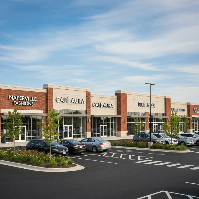 Modern shopping plaza in Naperville with glass storefronts, landscaping, and spacious parking lot Modern shopping plaza in Naperville with glass storefronts, landscaping, and spacious parking lot