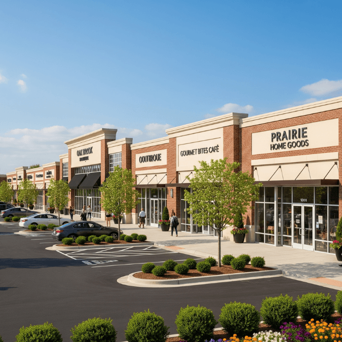 Modern shopping plaza in Oak Brook with storefronts, landscaping, and spacious parking lot
