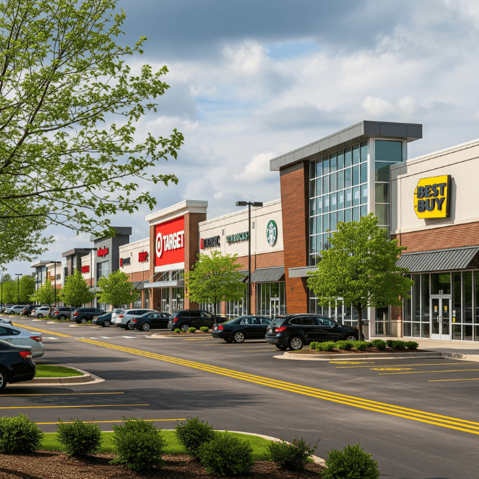 Modern strip mall in Schaumburg IL with multiple retail storefronts, large parking lot, and landscaped areas Modern strip mall in Schaumburg IL with multiple retail storefronts, large parking lot, and landscaped areas