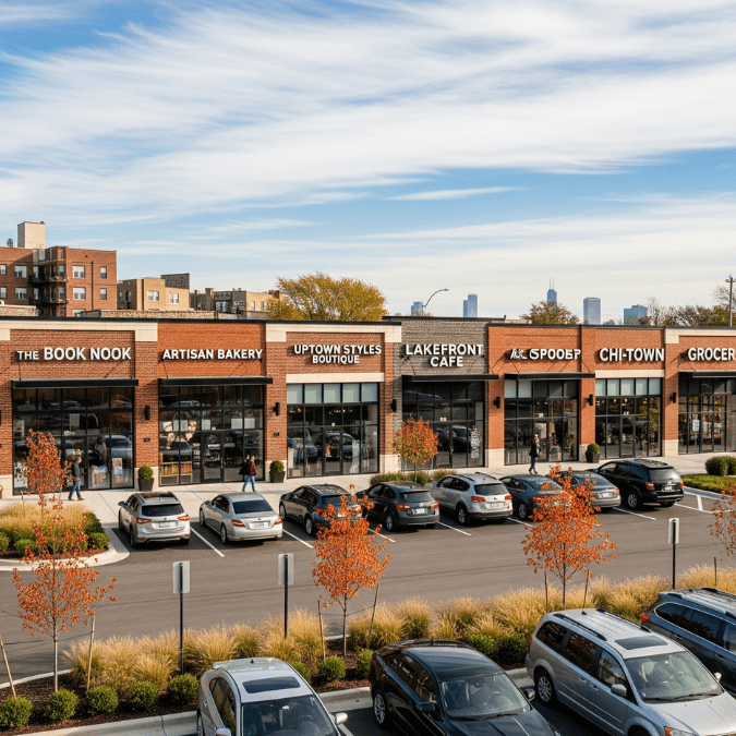 Neighborhood shopping plaza built by Chicago commercial construction contractors with storefronts and parking Neighborhood shopping plaza built by Chicago commercial construction contractors with storefronts and parking