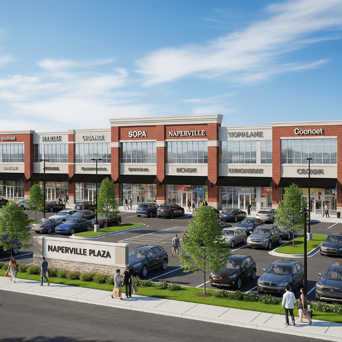 Newly constructed shopping plaza in Naperville IL with modern brick-and-glass storefronts and full parking lot Newly constructed shopping plaza in Naperville IL with modern brick-and-glass storefronts and full parking lot