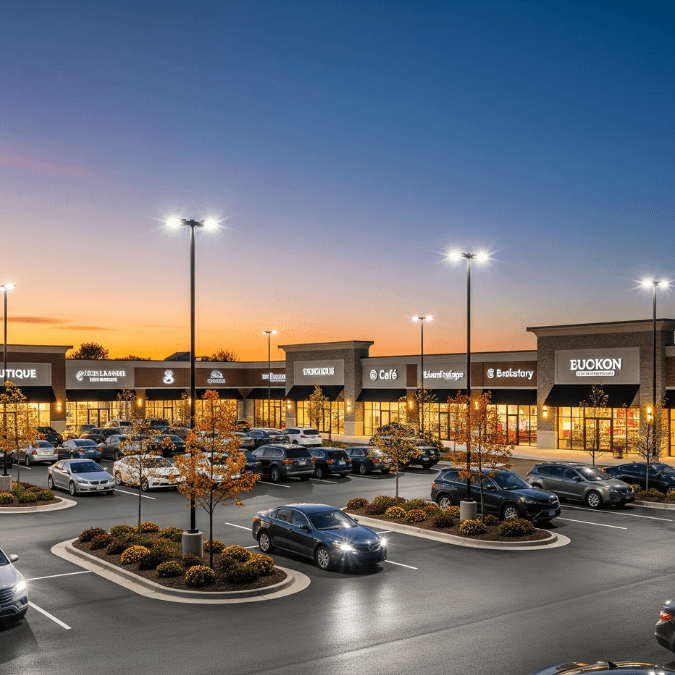 Oak Brook shopping plaza builders completed strip mall with glowing storefront lights at dusk