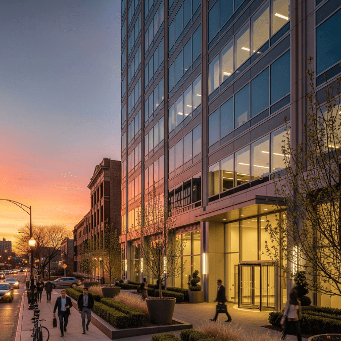 Professional office building in Hyde Park Chicago at sunset with illuminated windows and landscaped entryway Professional office building in Hyde Park Chicago at sunset with illuminated windows and landscaped entryway