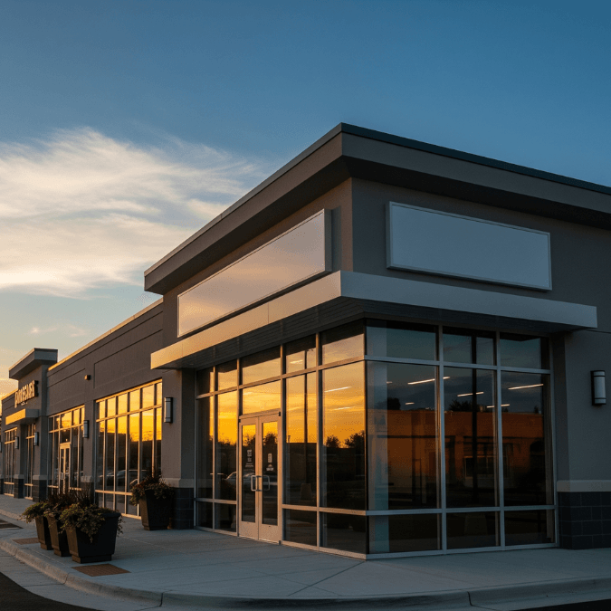 Remodeled retail shop in Arlington Heights IL with new glass façade, signage space, and updated exterior at sunset Remodeled retail shop in Arlington Heights IL with new glass façade, signage space, and updated exterior at sunset