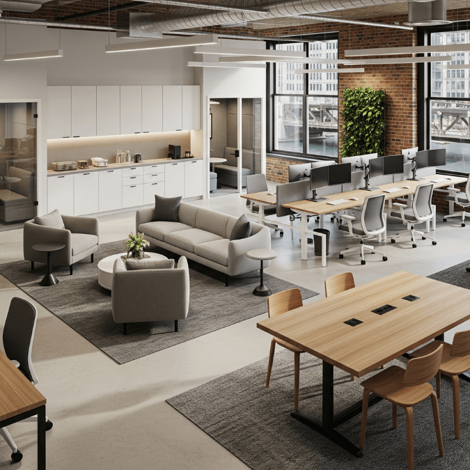 Renovated office interior in River North Chicago with open workstations, collaborative spaces, and polished finishes Renovated office interior in River North Chicago with open workstations, collaborative spaces, and polished finishes