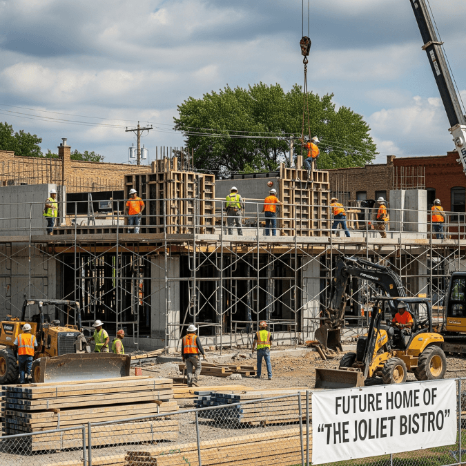 Restaurant construction site in Joliet IL with scaffolding, workers, and equipment during build-out phase Restaurant construction site in Joliet IL with scaffolding, workers, and equipment during build-out phase