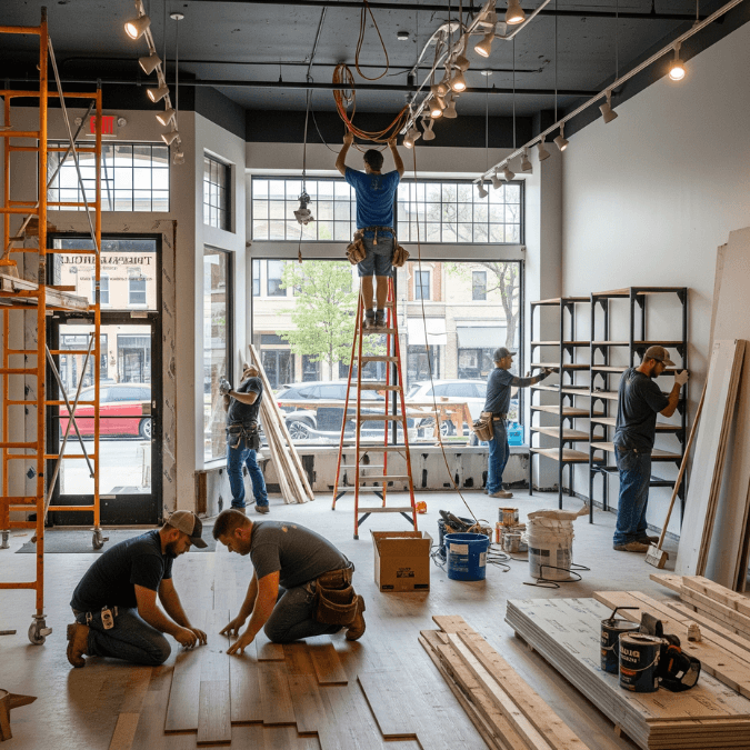 Retail shop build out in Naperville IL with workers installing flooring and lighting Oak Brook Boutique Retail shop build out in Naperville IL with workers installing flooring and lighting Oak Brook Boutique