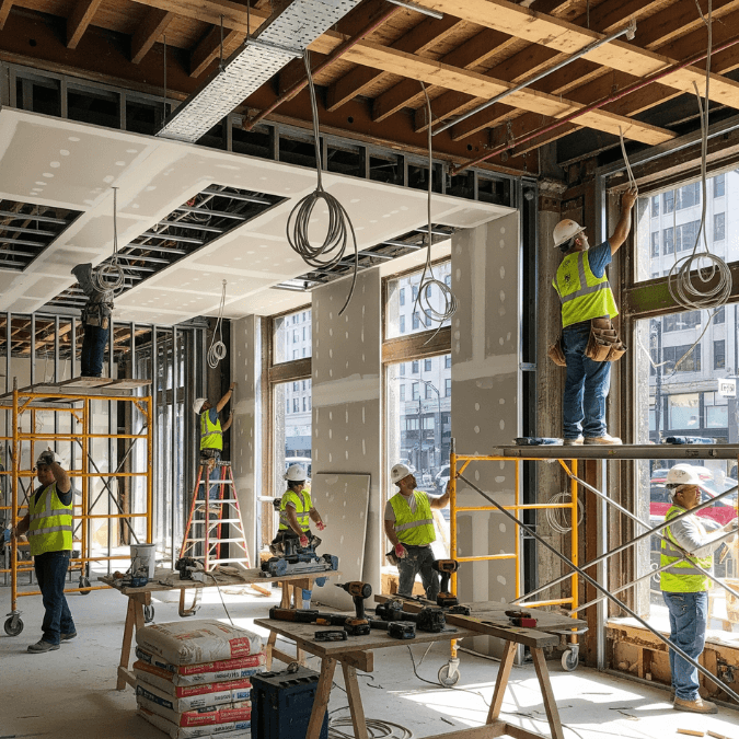 Retail shop construction in Chicago showing workers installing drywall and electrical systems Retail shop construction in Chicago showing workers installing drywall and electrical systems
