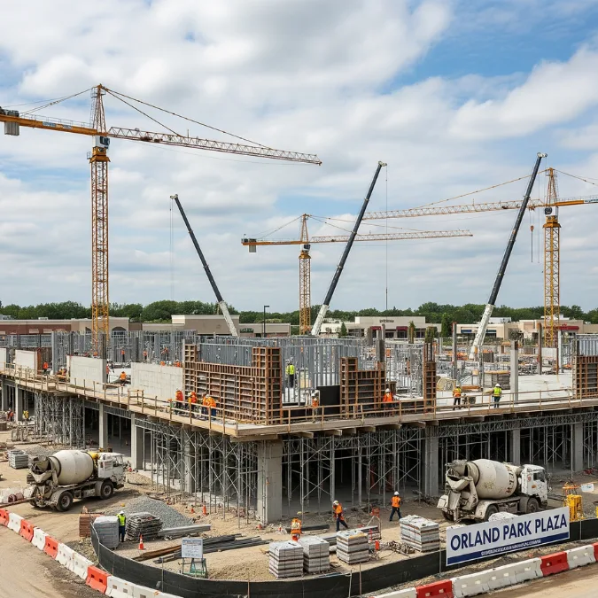 Shopping plaza construction in Orland Park with steel framing, cranes, and workers on site Shopping plaza construction in Orland Park with steel framing, cranes, and workers on site