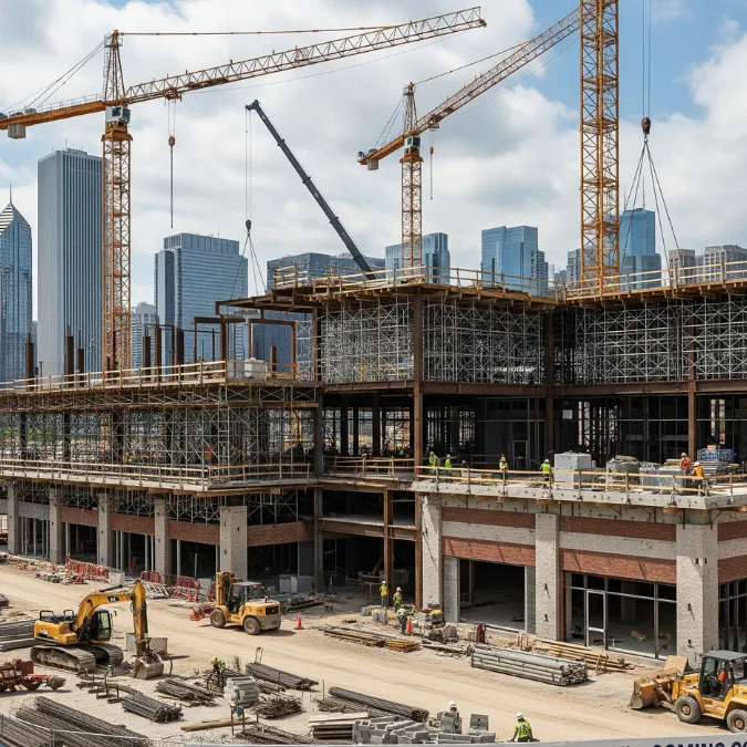 Shopping plaza construction site in Chicago with steel framing, scaffolding, and active workers Shopping plaza construction site in Chicago with steel framing, scaffolding, and active workers