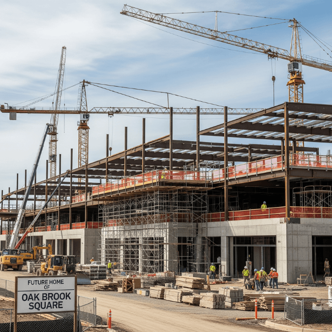 Shopping plaza construction site in Oak Brook with cranes, scaffolding, and workers in progress Shopping plaza construction site in Oak Brook with cranes, scaffolding, and workers in progress