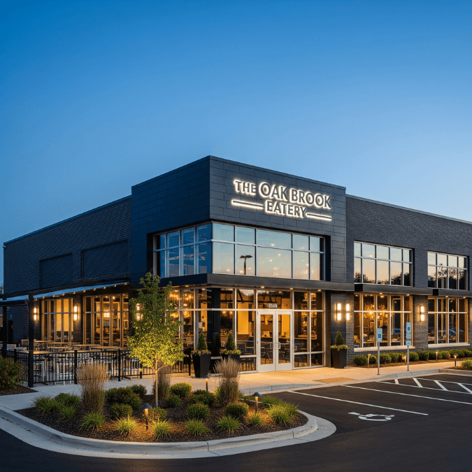 Standalone retail restaurant in Oak Brook designed by trusted Oak Brook shopping plaza builders