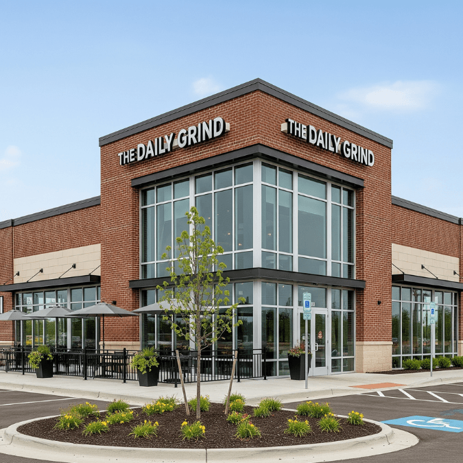 Standalone retail restaurant in Orland Park with brick exterior, patio seating, and signage Standalone retail restaurant in Orland Park with brick exterior, patio seating, and signage