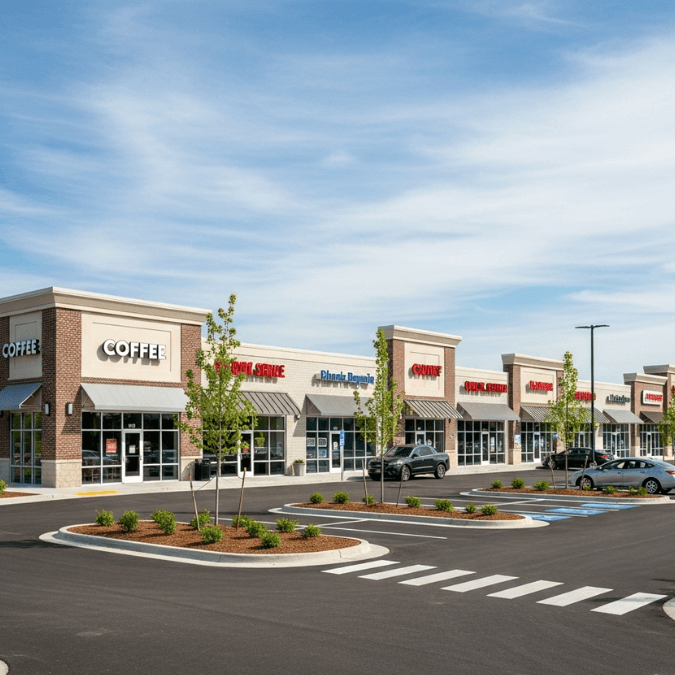 Strip mall construction with modern retail storefronts in Chicagoland Strip mall construction with modern retail storefronts in Chicagoland