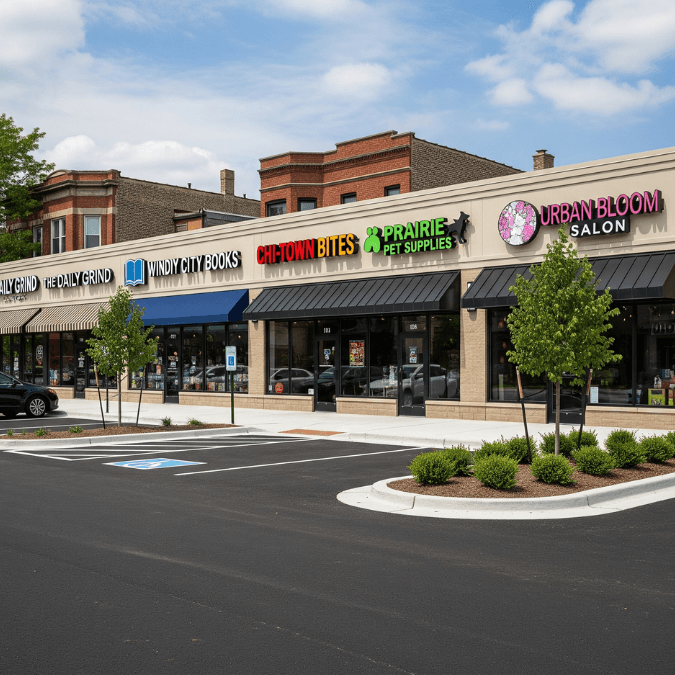 Trusted Chicago shopping plaza builders showcasing new strip mall with signage and landscaping Trusted Chicago shopping plaza builders showcasing new strip mall with signage and landscaping
