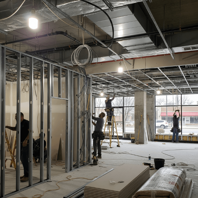 tenant space conversion in Orland Park IL with crews installing walls, wiring, and fixtures inside commercial unit tenant space conversion in Orland Park IL with crews installing walls, wiring, and fixtures inside commercial unit