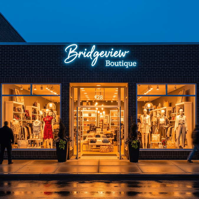 boutique retail shop in Bridgeview lit up at night with glowing signage and window product displays boutique retail shop in Bridgeview lit up at night with glowing signage and window product displays