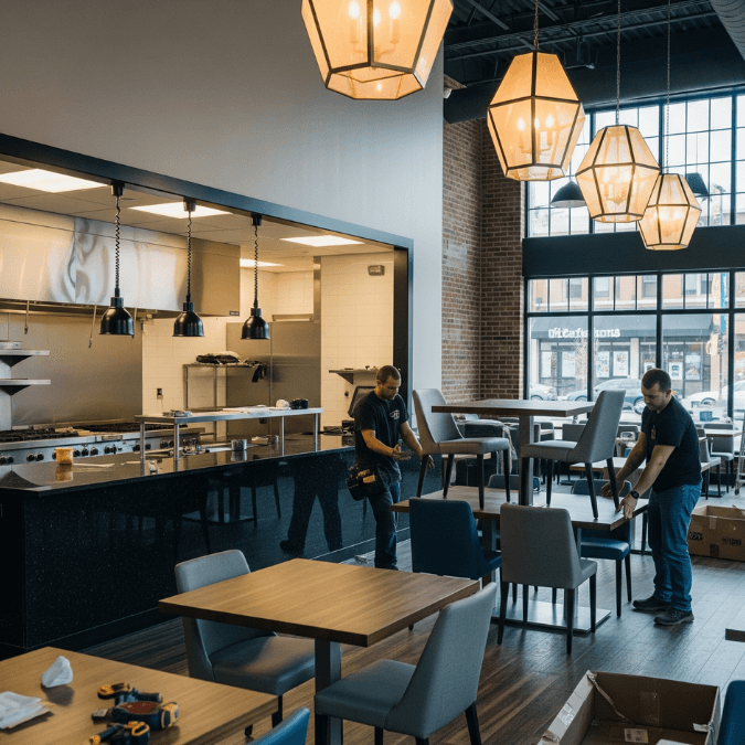 restaurant interior build-out in Frankfort with open kitchen design and modern lighting restaurant interior build-out in Frankfort with open kitchen design and modern lighting