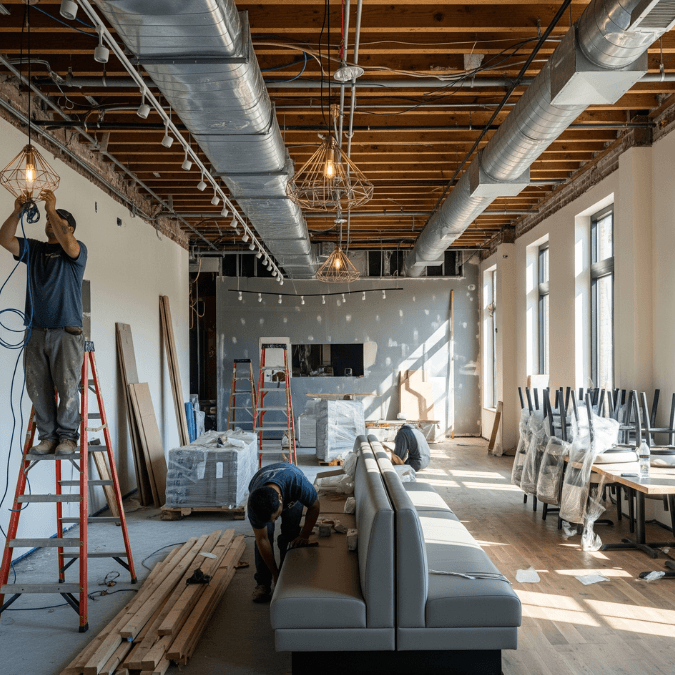 restaurant interior build-out in Palos Hills with modern open seating and new lighting installation restaurant interior build-out in Palos Hills with modern open seating and new lighting installation
