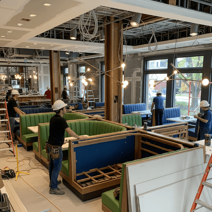 restaurant interior build-out in Wilmette with contractors installing lighting and booth seating restaurant interior build-out in Wilmette with contractors installing lighting and booth seating