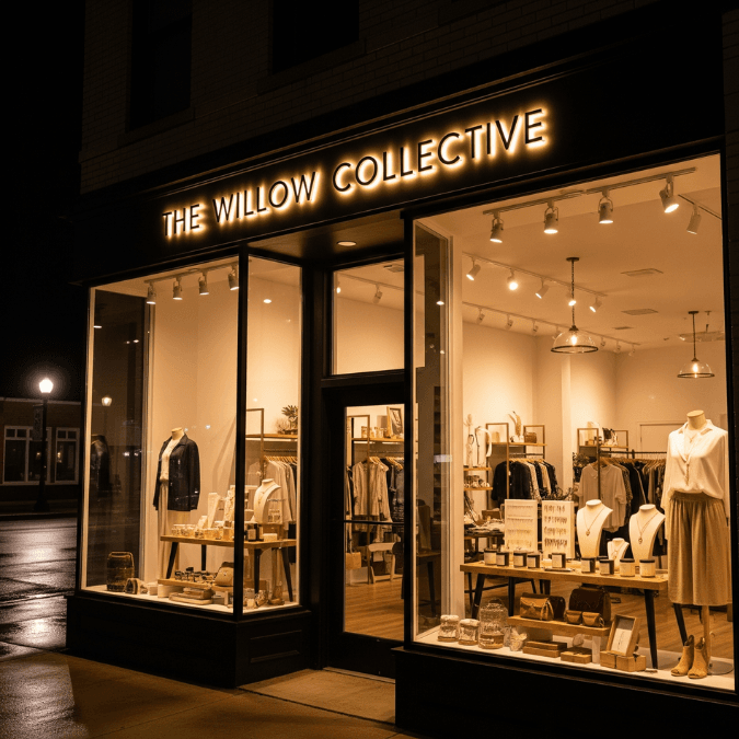 retail boutique shop in Palos Hills lit up at night with bright signage and window displays retail boutique shop in Palos Hills lit up at night with bright signage and window displays