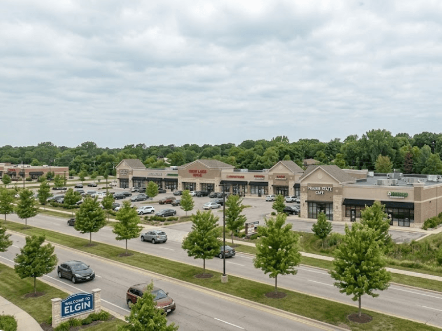 Completed shopping plaza construction in Elgin Illinois during spring Completed shopping plaza construction in Elgin Illinois during spring