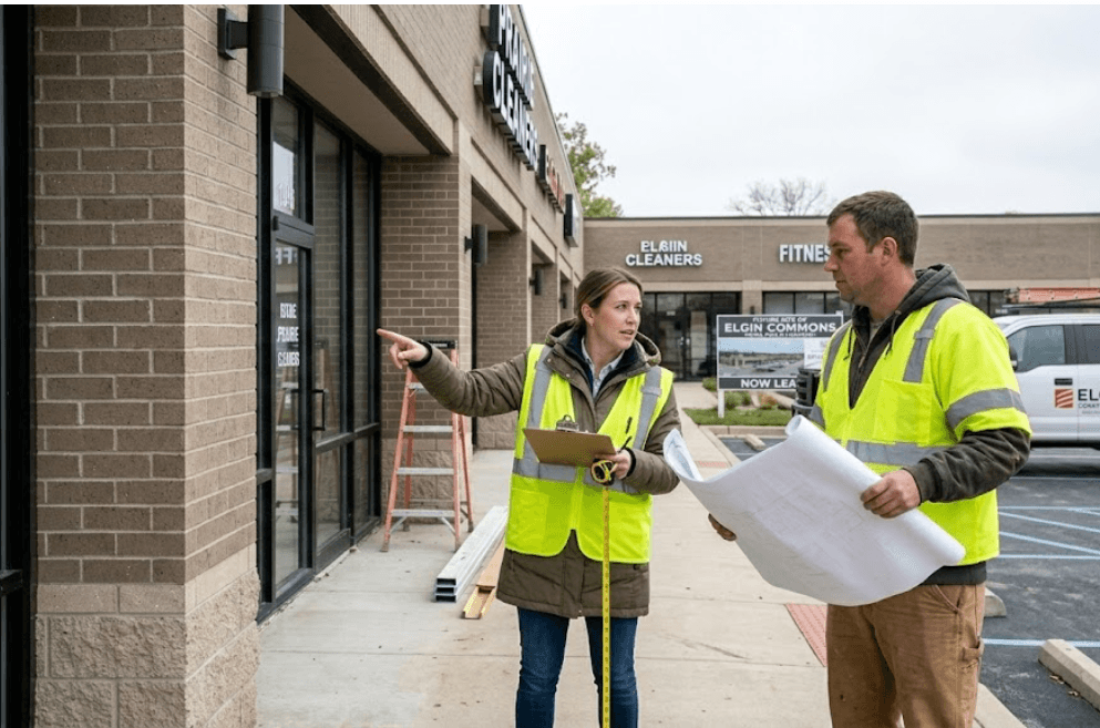 Inspection phase of shopping plaza construction in Elgin IL Functional multi-tenant strip mall construction in Elgin Illinois